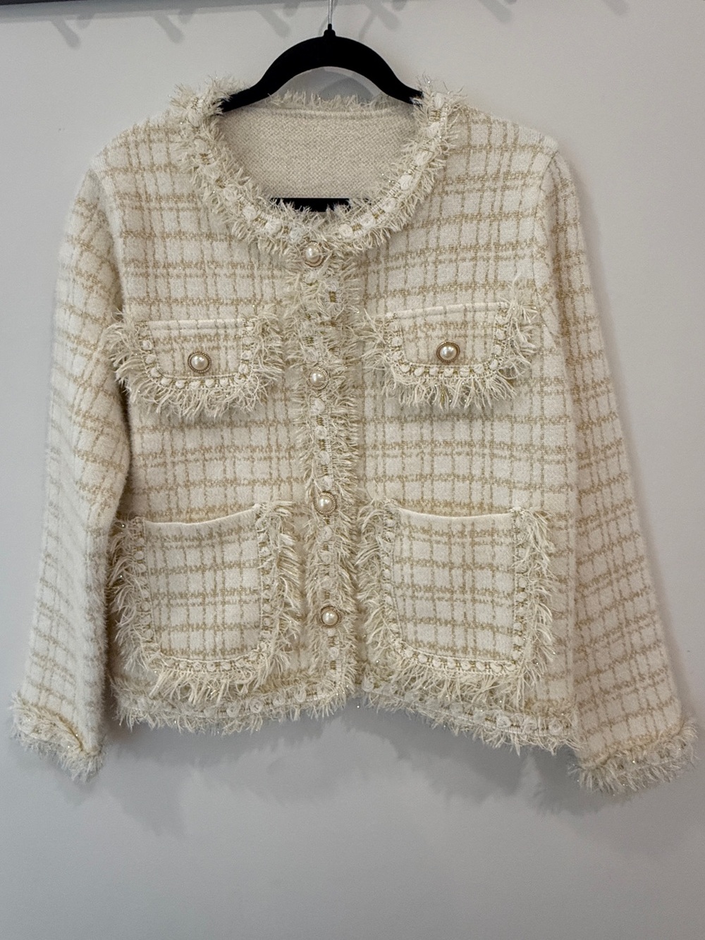 Cream Gold Tweed Jacket Stretch Blazer Chic Modern Classic Layering Piece